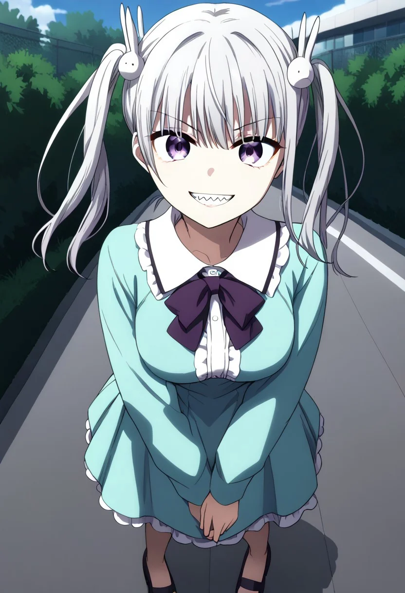 anime screencap, anime coloring,
outdoors, park,
BREAK
1girl, solo, full body,
sakuno_mutou, twintails, rabbit hair ornament, purple eyes,
aqua dress, huge collar, frills, neck ribbon,
smile, grin, sharp teeth, looking at viewer,
head tilt, standing