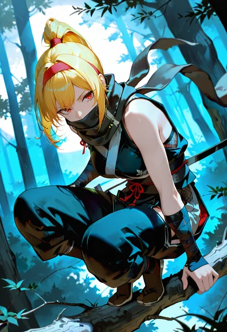 1girl, solo, anime coloring, anime artwork, unholy-aesthetic, masterpiece, best quality, newest, absurdres, highres, safe, CG, cinematic lighting, natural shadow, highest detail, detailed background, intricate scenery, depth of field, insane details, intricate, subsurface scattering, very aesthetic, serene atmosphere, artistic rendering, dramatic contrast, luminous elements, soft painterly texture, striking visual design, finely detailed face, beautiful face, <lora:kaelaIL:0.55> kaelaIL, medium hair, red eyes, (yellow hair:1.5), high ponytail, red hairband, full body,
dynamic angle, cinematic angle, night, lustrous skin,
<lora:NinjaIL:1> wearing Jednna, ninja outfit, arm wraps, (scarf, black scarf, covered mouth:1.2), black ninja outfit,
forest, tree, sitting, sitting on branch, on branch
<lora:TER_ILL_V1:0.75>