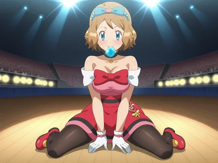 score_9, score_8_up, score_7_up, source anime, anime, animification, anime screencap, anime coloring, vivid colors, shiny skin, skindentation, deep skin, depth of field, high quality, highres, (dynamic angle,dynamic pose),
serenaperf, 1girl, solo, looking at viewer, blush, smile, short hair, large breasts,blue eyes, brown hair, gloves, dress, bow, ribbon, bare shoulders, sitting, closed mouth, collarbone, full body, hair bow, heart, pantyhose, shoes, choker, shiny, indoors, white gloves, spread legs, off shoulder, shiny hair, black pantyhose, eyelashes, sparkle, mouth hold, blue ribbon, pink bow, red footwear, pink dress, brown pantyhose, wooden floor, serena \(pokemon\), stage, stage lights, indoors, glowing lights, bright stage lights, music, stadium ranks, huge audience, pink bow, crowd
BREAK
masterpiece,high quality
<lora:Serena_Perfomance_Outfit-09:0.9>
