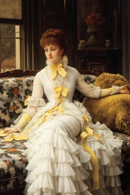 jati1 painting
A woman reclining on a cushioned sofa. The woman, with fair skin and auburn hair styled in loose waves, is dressed in an elaborate, Victorian-era gown. Her attire is a white, lace-trimmed dress with multiple layers of ruffles and a high, rounded neckline adorned with a large, yellow bow. The dress falls in soft, flowing folds, showcasing intricate lace patterns and a delicate, almost ethereal texture. <lora:jati1_cap_d6a3:1.0><lora:817315431850408288:0>