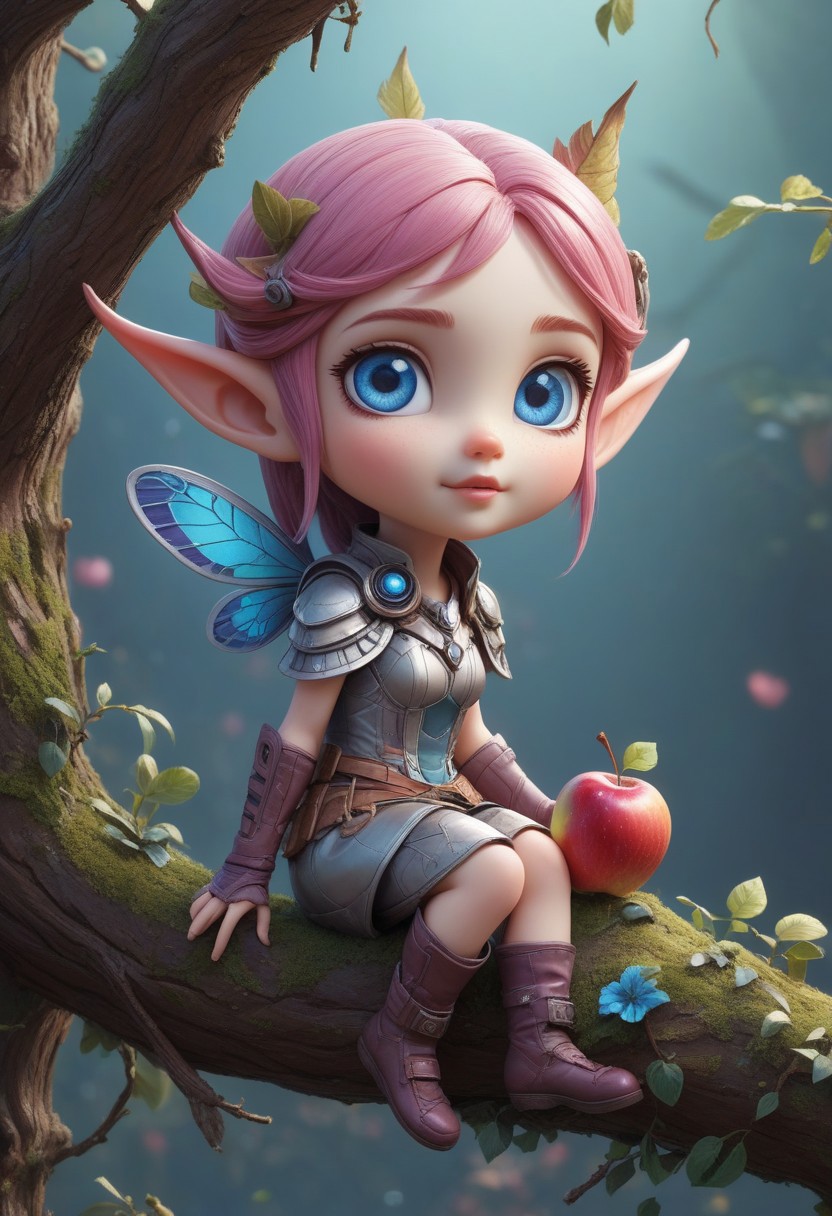 (1 apel, an apel hanging on a branch, the only apple on the tree, big puffy blue eyes, super adorable and cuteness overload:1.37), (the apple have puffy eyes, mouth open wider, laughing out loud, intricate detailed multi colors candy skin, cute elf ears and) butterfly wings:1.37), intricate detailed apple, daytime, (glitter on top, cloudy, clear sky as background:1.37), pink soft pastel color tone, dreamy ambiance, splash water, (original, unique, masterpiece, highest quality, ultra details:1.37), clear photo, Clear focus, incredible lifelike, surreal, awards winning photography, trending on artstation, out-of-this-world, highest resolution, 8k, ultra realistic, real life photo realistic, realism, immaculate micro details, colorful, rich colors, best colors, perfect composition, breathtaking, depth of field, intricate detailed background, perfect background, artistic style, cyberpunk elements, fantasy style,