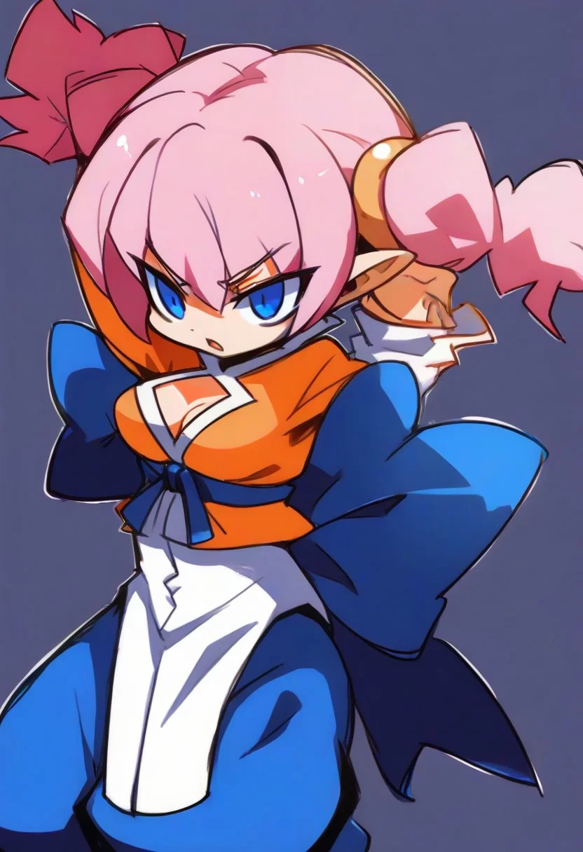 , fghtmstrssxl,twintails,blue eyes,pink hair,short hair,pointy ears,, cleavage cutout,orange shirt with long sleeves,blue pants,long white shirt,blue ribbon,long white pelvic curtain, ,bow,,<lora:FightMistressXL:0.9>,
