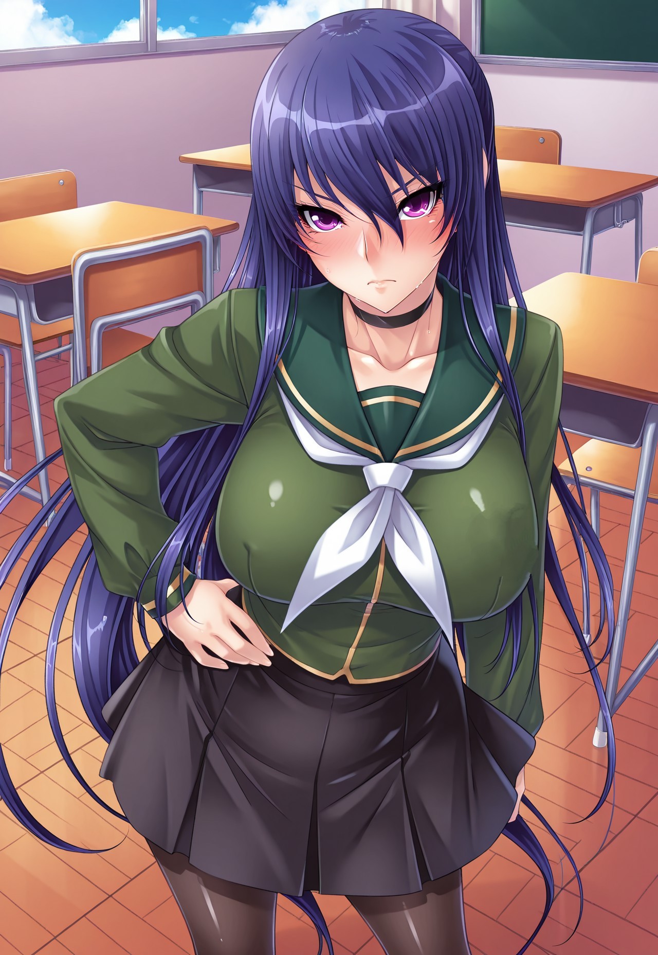 safe_pos, taimanin yukikaze, source_anime, masterpiece, ultra-detailed, best illustration, high quality, absurdres, very aesthetic, highly detailed, highres, aoi nagisa (metalder), three quarter view, isometric, 
Break,
looking at viewer, standing, \:\) , hand on own hip, indoor, student desks, teacher desk, daytime, school, classroom, white board, windows, blue sky, clouds, 
Break,
1girl, solo, alone, akiyama rinko, long hair, blue hair, v-shaped eyebrows, purple eyes, large breasts, black choker, school uniform, green serafuku, long sleeves, black skirt, white ribbon tie, black leggings, shiny clothes, shiny skin,