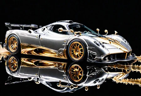 SILVER LIQUID METAL Pagani Zonda sports car, Races through GOLD LIQUID METAL , liquid metal sprays up from the cars tyres, Car drifting in a black void, Painstaking Attention To Details, (wording above the car say's "ZONDA")