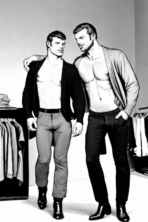 <lora:Kaked:0.8> k4k3, monochrome, two men, stubble, cardigan, trunks, in a boutique