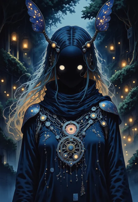 Studio Ghibli Dark Fairytale, intricate cyborg, Portrait of a female robotic entity with long, fluttering moth-wing hair, black hollow eerie head, no face, dark moody, overgrown ruins illuminated by flickering lanterns, deep blues and purples dominating the palette,
a haunting mix of mechanical precision and organic frailty, tiny glowing embers swirling around her, delicate clockwork filigree along her shoulders, movements like a puppet of forgotten gods, an aura of mystery and quiet reverence, her presence dissolving into the night
