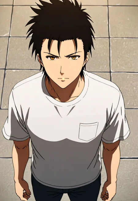 Highres, Masterpiece, High Quality, 4K, 8K, solo, 1Boy, Soujirou Agata, brown eyes, black hair, standing, straight facing upwards, casual, seen from above, arrogant face, dominant, intimidate, easynegative, detailed_eye_model