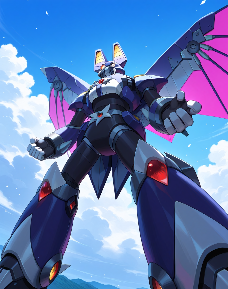 <lora:Dark_Necrobat_(Mega_Man_X)_(Illustrious)_(AD):1.5> Dark Necrobat, reploid, MMX, 
exterior, blue sky with clouds,
male focus, intense shadows, dynamic shadows, intricate details, attention to details, gradient coloring, bright vivid colors, robot, 
BREAK very awe, masterpiece, best quality, amazing quality, very aesthetic, highres, absurdres,
EZRealPONYXL, zPDXL, Smooth Quality, lazynsfw,
