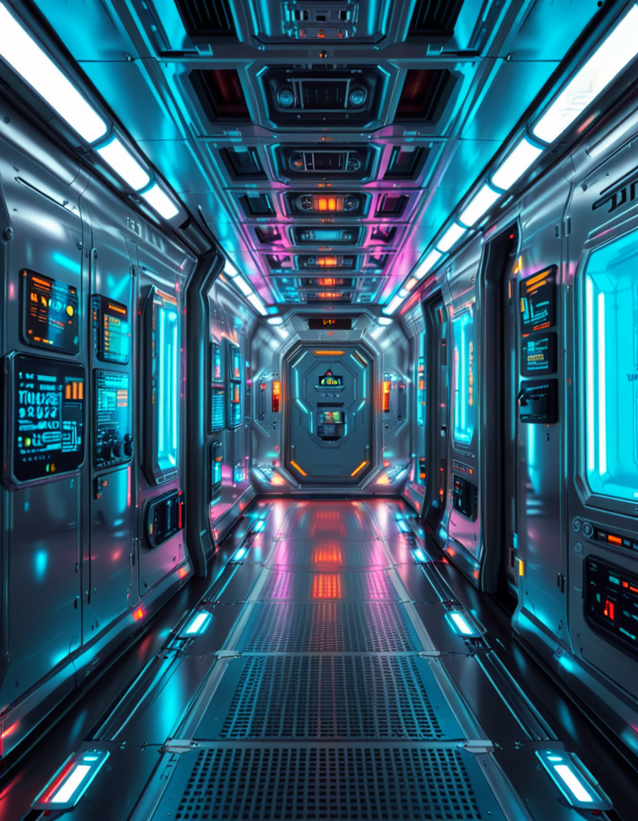 A highly detailed futuristic spaceship corridor, illuminated by soft neon blue and purple lights. The walls are made of sleek metallic panels, with glowing circuits and holographic displays integrated into the design. The floor is reflective and polished, with a faint grid pattern that emits a subtle white glow. Pipes and cables run along the ceiling, interspersed with small ventilation grids and blinking lights. The corridor stretches into the distance, creating a sense of depth, with a slight curve that hints at the massive scale of the spacecraft. The atmosphere feels clean, modern, and slightly sterile, with a sci-fi aesthetic inspired by movies like Blade Runner and Star Wars. The overall lighting is ambient and slightly dim, accentuating the futuristic ambiance. No characters or people are present, focusing entirely on the corridor's architecture and design.<lora:SDXLFaeTastic2400:0.4> <lora:extremely_detailed:0.4> extremely detailed, <lora:futuristic_spaceship_c0rr1d0r:1>,futuristic spaceship c0rr1d0r, Masterpiece,best quality,hi res,8k,hi res,8k,award winning,(sharp focus, intricate, highly detailed),