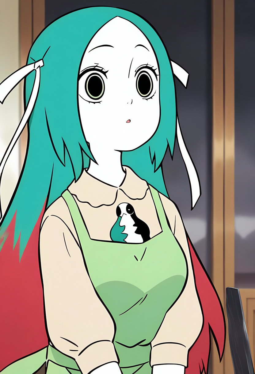 <lora:jingwei:1>,jingwei,1girl,solo,long hair,multicolored hair,red hair,green hair,hair ribbon,white ribbon,black_pulpil,white skin,
 green apron, shirt,, masterpiece,best quality,amazing quality,absurdres, anime screenshot,