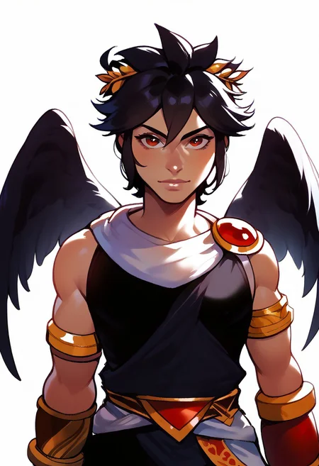 score_9, score_8_up, score_7_up, ExpresHGothicNeonIncase, masterpiece, solo, 1boy, mature man, adult, pitt, black hair, red eyes, black wings, black angel wings, laurel crown, bracer, looking at viewer, upper body shot