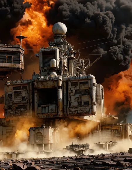 By Paul Chadeisson. A digital illustration shoot from a low angle about a futuristic cityscape with a fiery orange and black color palette. the image also shows a large, metallic structure in the middle of the image, which appears to be a futuristic building with multiple structures and a large sphere on top. the structure is surrounded by a thick layer of smoke and has a metallic sheen, giving it an industrial feel. the background is filled with various shades of orange, black, and yellow, creating a chaotic and intense atmosphere. the lighting is dramatic, casting a warm glow over the scene. the overall effect is one of a post-apocalyptic cityscape, with a sense of chaos and destruction.