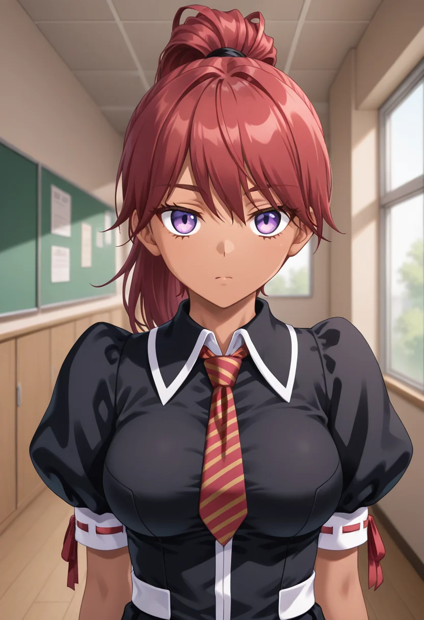 masterpiece, best quality, amazing quality, absurdres, 1girl, solo, (portrait:1.2), junww, dark skin, dark-skinned female, tan, purple eyes, red hair, long hair, ponytail, medium breasts, red striped necktie, black school dress, puffy short sleeves, looking at viewer, expressionless, indoors, day, skindentation, detailed clothing folds, depth of field, sharp, high contrast, dynamic light <lora:Higuchi_Jun_Otome_Chibaku_Yuug_ill:0.8>
