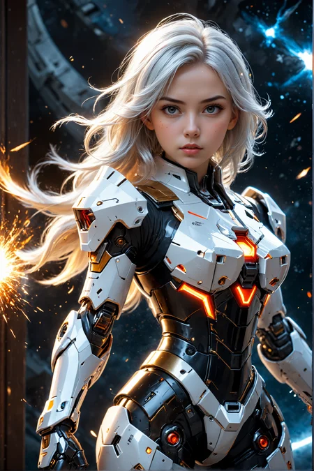 amazing quality, masterpiece, best quality, hyper detailed, ultra detailed, UHD, DOF, depth of field, HDR, perfect anatomy, 1 girl, cute, beauty, pretty, white hair, full body,( fighting stance:1.3), detail eyes,( face to viewer:1.4),space ship, universe space,(go into broken door:1.3), sparking, flame, Milky Way, star sky, wearing fantastic black armor, holding glowing sword, (glowing shine and dazzling mecha:1.3), technology style, future sense, red robot mecha, titanium mecha, show face, explode, serious,ral-iontinvevisions,
