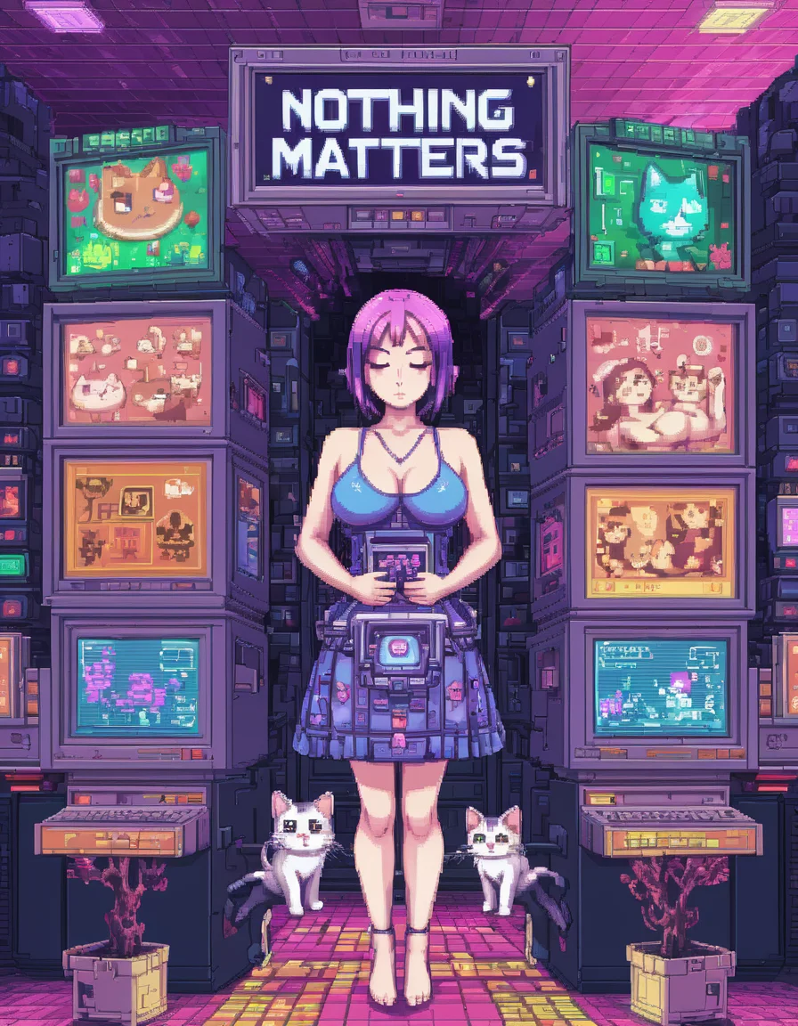 <lora:pxll-000007:0.7>pxll, girl, large breasts, cat, pixel art, video game, pixelated, with the words "nothing matters", neon, psychedelic, eyes closed