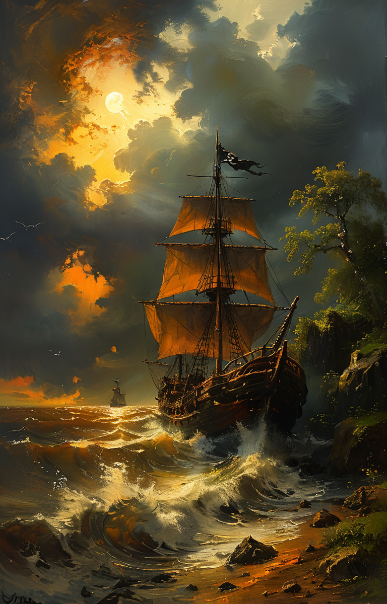 masterpiece,best quality,<lora:tbh102-sdxl:0.6>,Pirate ship in middle of bad weather , detailed oil painting, unreal 5 render, rhads, sargent and leyendecker, savrasov levitan polenov, bruce pennington, studio ghibli, tim hildebrandt, digital art, landscape painting, octane render, beautiful composition, trending on artstation, award winning photograph, masterpiece, seekart style,style of Andreas Achenbach,