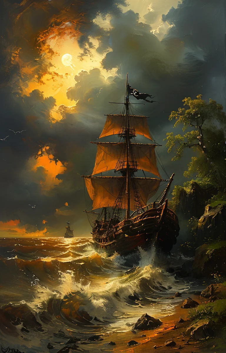 masterpiece,best quality,<lora:tbh102-sdxl:0.6>,Pirate ship in middle of bad weather , detailed oil painting, unreal 5 render, rhads, sargent and leyendecker, savrasov levitan polenov, bruce pennington, studio ghibli, tim hildebrandt, digital art, landscape painting, octane render, beautiful composition, trending on artstation, award winning photograph, masterpiece, seekart style,style of Andreas Achenbach,