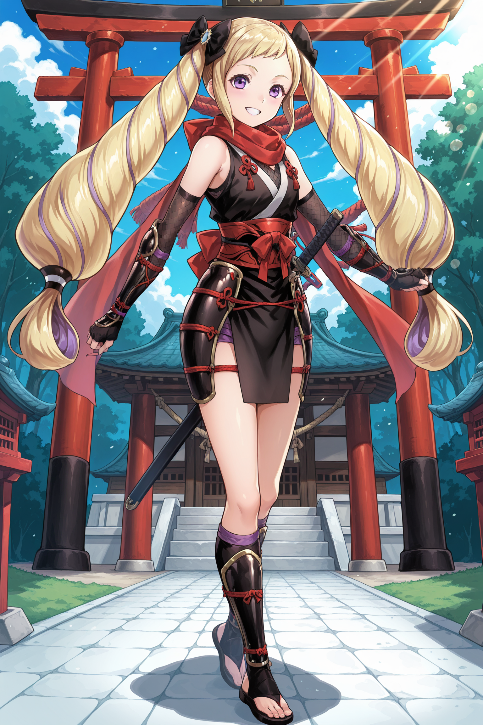 anime screencap, anime coloring, detailed face, masterpiece, best quality, very aesthetic, absurdres, bokeh, volumetric lighting, official style, amazing quality, ultra detailed,  highres, amazing quality, scenery, beautiful detailed hair,
 <lora:Elise_Fire_Emblem_Heroes:.8>
feudal Japan, Japanese temple in the background, torii gate,
Elise Nightfall Ninja Act (appearance), 
elise (fire emblem), solo, 1girl,  long hair, blonde hair, purple eyes,  twintails, 
sandals, toeless footwear, toes, ninja, red scarf, full body, japanese clothes, grin, looking at the viewer