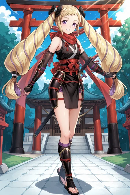 anime screencap, anime coloring, detailed face, masterpiece, best quality, very aesthetic, absurdres, bokeh, volumetric lighting, official style, amazing quality, ultra detailed, highres, amazing quality, scenery, beautiful detailed hair,
<lora:Elise_Fire_Emblem_Heroes:.8>
feudal Japan, Japanese temple in the background, torii gate,
Elise Nightfall Ninja Act (appearance),
elise (fire emblem), solo, 1girl, long hair, blonde hair, purple eyes, twintails,
sandals, toeless footwear, toes, ninja, red scarf, full body, japanese clothes, grin, looking at the viewer