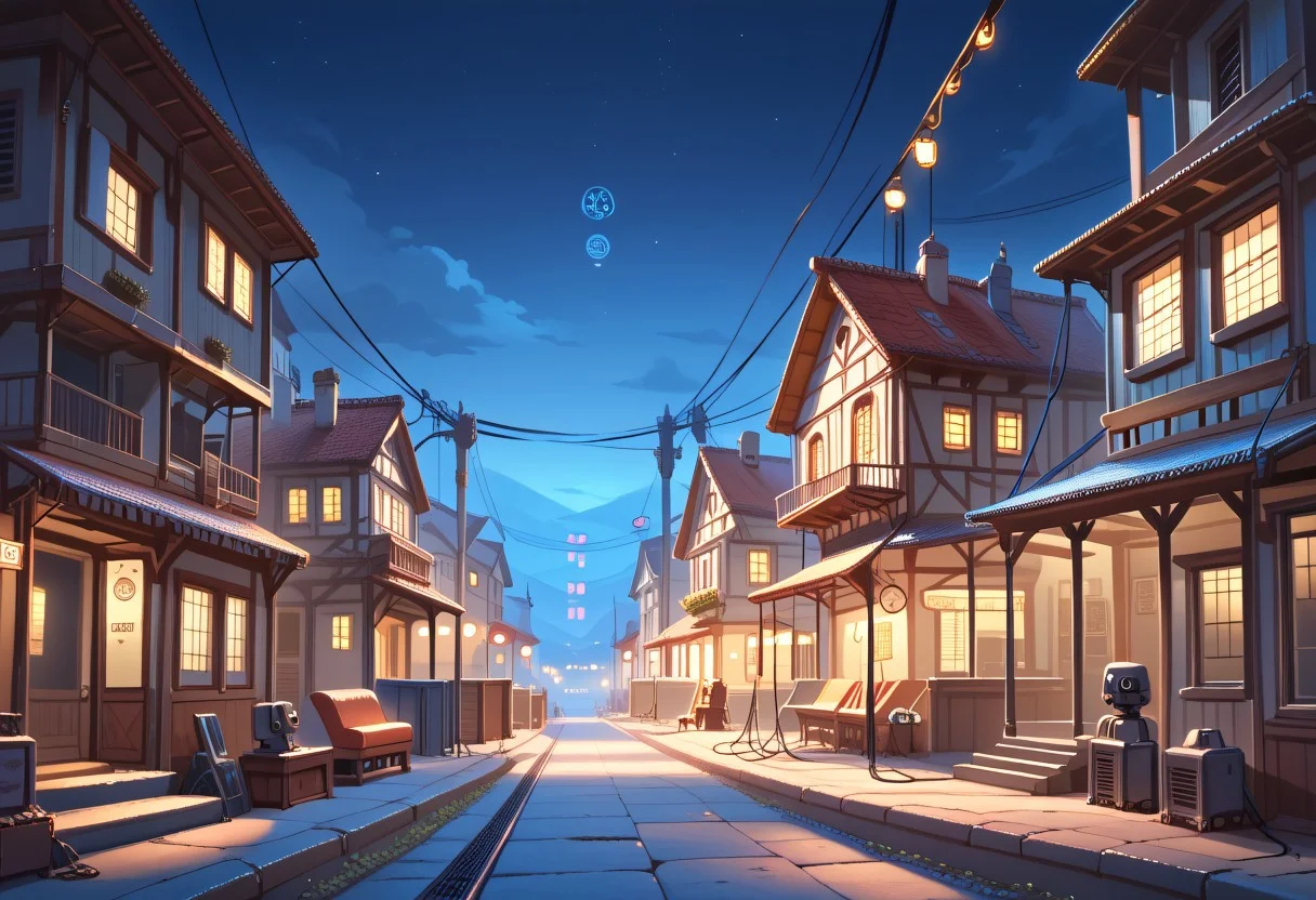 score_9, score_8_up, score_7 ,robot joints, ruanyi0779, science fiction, neon lights, cable, industrial pipemevicab, scenery, village, houses, townhouses, square, reddish night, two moons in the background