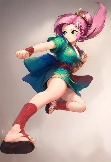 SFW, rating_all, score_10, score_8_up, score_7_up, Equestria girls, (((human))), 1female, (((solo))), (((Fluttershy) cosplaying) as Ayame), short hair, bangs, (pink hair), hair ornament, short sleeves, sidelocks, japanese clothes, kimono, hair bun, (aqua eyes), obi, sandals, single hair bun, short kimono, platform footwear, ankle wrap, jumping_kick, kicking, from below, detailed, vector, flat colors