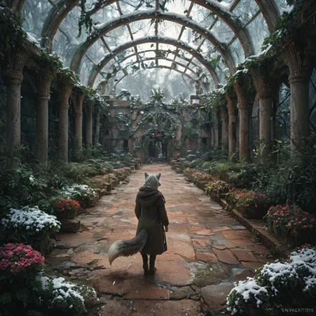 score_9, score_8_up, score_7_up,  fullbody, 1girl, furry, anthro, gray fur, wolf tail, wolf, solo, fullbody, backview, looking arround in wonder, masterpiece, best quality, very aesthetic, close up, gray hair, gray twin braids, green eyes, standing in the ruins of botanic garden with glass ceiling, overgrown, trees, frozen flowers, plants,  broken glas, snow patches ray of light, dark sky, low light, white snow, (postapocalyptic city), d, dark, worried, concerne, ragged winter clothes