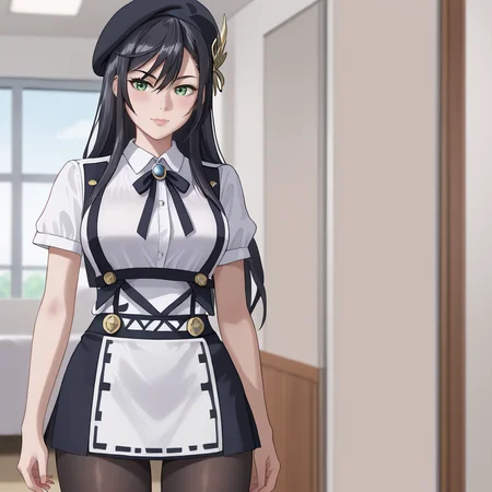 <lora:brunhilderecordofragnarok_pony_v1:.8> Brunhilde, hair ornament, 1girl, solo, black hair,  green eyes, cowboy shot,  <lora:0902 Home wear 5_v1_pony:1> ruanyi0902,beret,black ribbon,collared shirt,black pantyhose,high-waist skirt,white shirt,suspenders