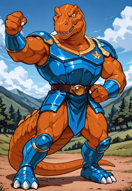 score_9, score_8 up, score_7, 8K, In'ei, traditional animation cel, perfect depth of field shot, beautiful, sharp focus, crisp details, 90s animation, masterclass animation, photographic realism, source_anime, orange tyrannosaurus rex-anthro wearing blue roman armor, roman centurion armor, gladiator armor, blue chest armor, blue stomach armor
orange tyrannosaus-rex anthro, dinosaucers, extreme dinosaurs, muscular, dinosaur, trex, blue lorica musculata, blue Pteruges, blue roman armor skirt, blue greaves, blue bracers, gold trim on armor, perfect proportions, long tail, orange skin, orange scales, 
exterior, detailed anime sky with clouds, dynamic action, bent leg, nature, in the style of the cartoon Dinosaucers, 80s cartoon, punch, black linework with flat anime color, heroic pose, smiling