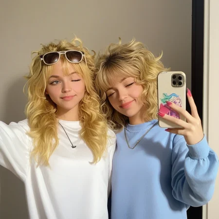Melanie, long sleeves, upper body, messy hair, selfie, smartphone, 2girls, one eye closed, sunglasses, blonde hair, eyewear on head