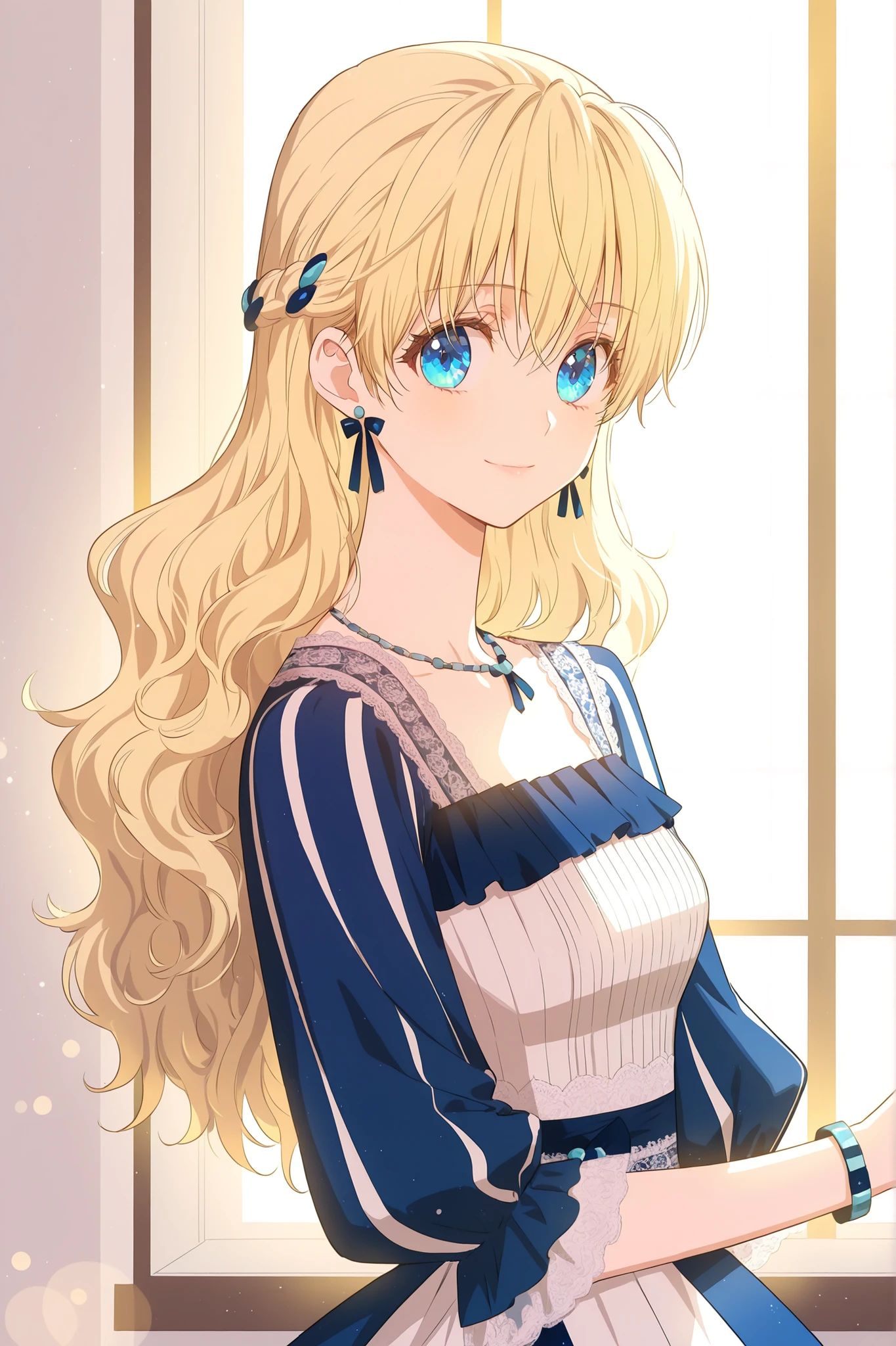 masterpiece, best quality, absurdres, high quality, detailed illustration, delicate features, bluelayereddress, 1girl, solo, athanasia, blonde hair, blue eyes, wavy hair, long hair, hair ornaments, blue ribbon, earrings, blue earrings, blue bracelet, jewelry, dress, blue dress, white dress, layered dress, lace, embroidery, puffy sleeves, long sleeves, looking at viewer, serene expression, gentle smile, graceful pose, soft lighting, daylight, indoors, window light, detailed background, bokeh, portrait