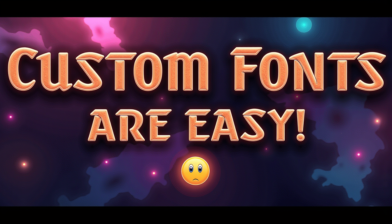 <lora:SC2Font:0.5>A SC2StyleFont text that says "Custom Fonts are easy!" in copper letters, over a colorful alien, gravity background. Under the text, draw an icon that captures the meaning of the words
