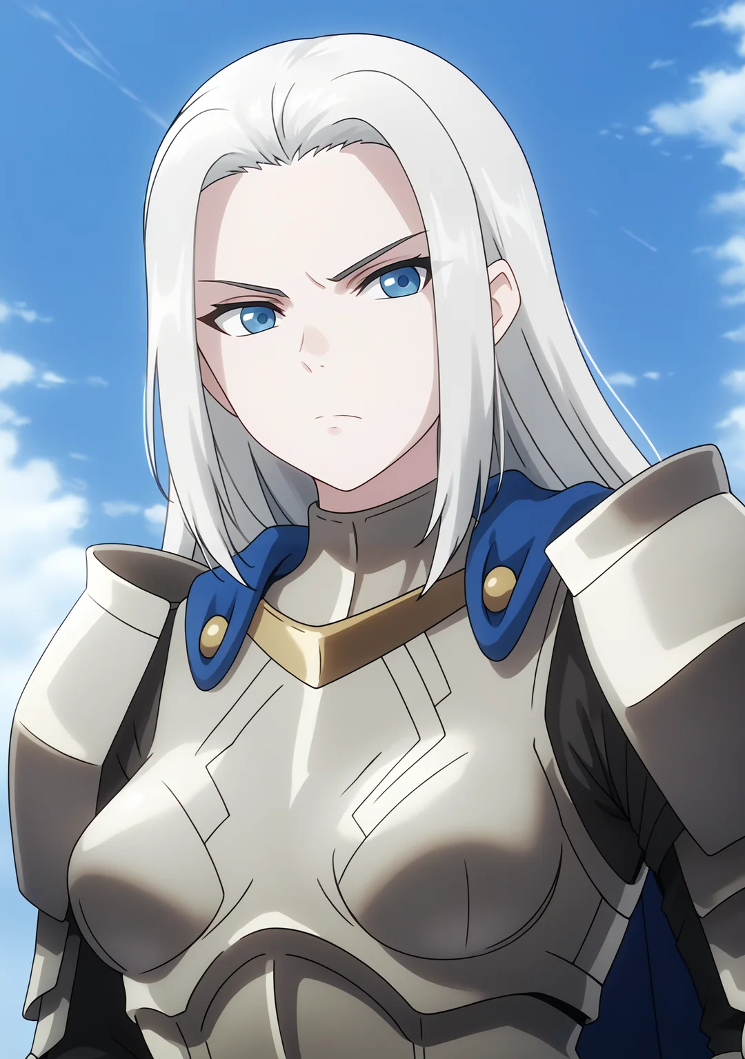 score_9, score_8_up, score_7_up, score_6_up, score_5_up, score_4_up, grey_armor, Scama_Elbero, looking_to_the_side, medium_breasts, solo, forehead, closed_mouth, frown, expressionless, plate_armor, breastplate, boobplate, shoulder_armor, pauldrons, blue_cape, upper_body, outdoors, day, blue_sky, cloudy_sky, <lora:Scama_Elbero_V1(SDXL)_1:1> <lora:hand 4:1>, Hand, detailed, perfect, perfection, hands,