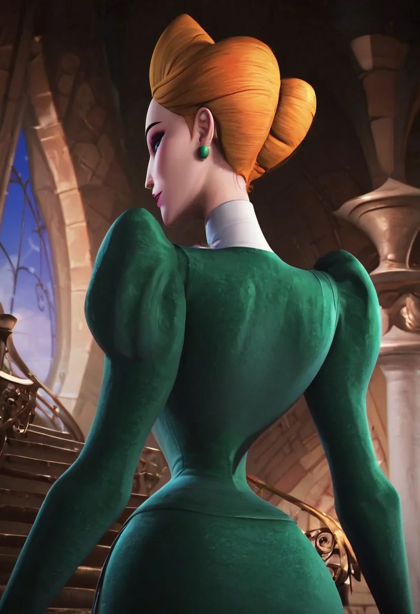 frieda (hna green dress), 1girl, redhead, orange hair, pompadour hair, makeup, makeup, lipstick, pink lips, blue eyes, jewelry, green earrings, thin body, choker, dress, green dress, white collar, score_8_up, score_7_up, BREAK, 1girl, solo, from behind, looking back, from below, low-angle shot, portrait, head tilt, looking at viewer, castle background, detailed background, 4k, masterpiece, best quality, highly detailed, realistic, 3d, Expressiveh