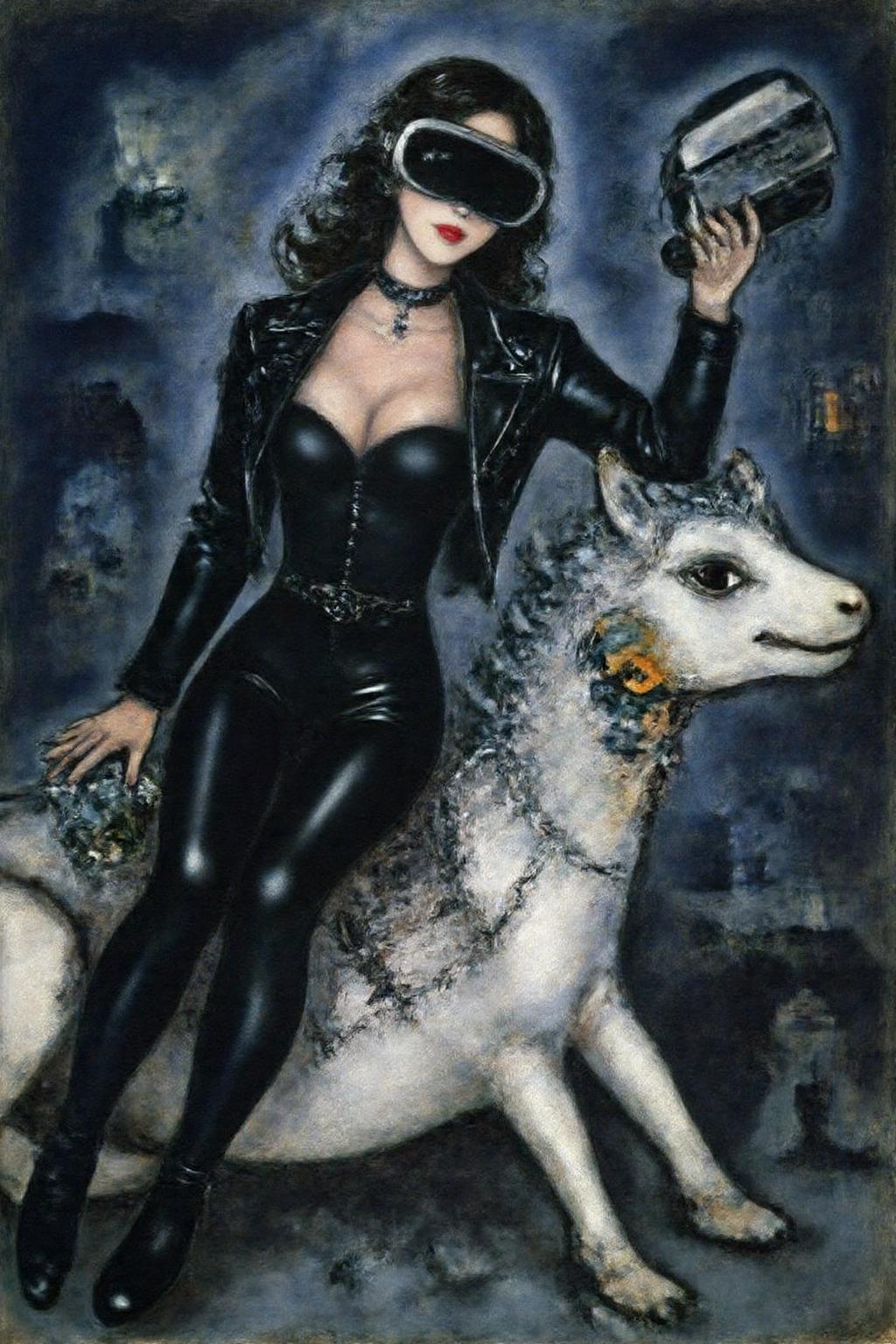 marcha9 painting a striking, futuristic scene depicts a woman dressed in sleek, form-fitting leather attire, sitting confidently atop an open power suit, inspired by the cyberpunk aesthetics of Masamune Shirow. The power suit, a blend of advanced technology and military-grade armor, features intricate mechanical details, exposed wiring, and a robust, yet streamlined design. The woman, wearing a cutting-edge VR headset, exudes a sense of control and mastery over the machine beneath her. Her posture is relaxed yet commanding, with one hand resting on the suit’s metallic surface and the other casually holding a piece of advanced tech. The background is a high-tech industrial setting, with dim lighting that casts dramatic shadows, highlighting the fusion of human and machine. The overall atmosphere is one of futuristic coolness and cybernetic elegance, capturing the essence of Shirow’s iconic style  <lora:marcha2_cap_d6a3e15:1.0><lora:814274156917970087:0>