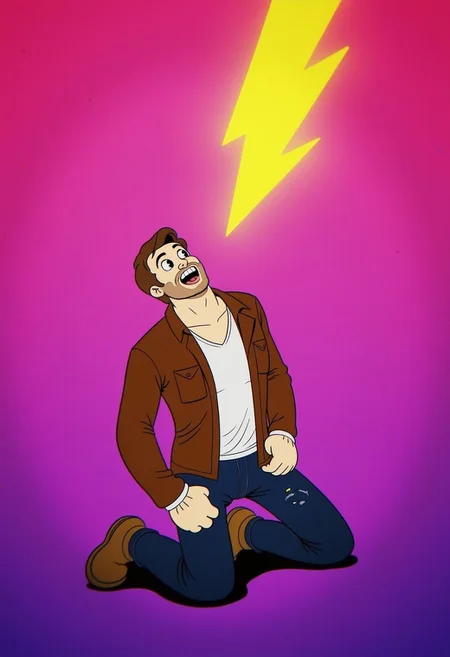 A man kneeling on the ground, looking up at a yellow stylized bolt icon glowing above him. He wears a rugged brown leather jacket over a white shirt, paired with dark blue jeans and scuffed brown boots. The gradient background transitions smoothly from deep purple at the bottom to lighter pink hues at the top, emphasizing the bolt's glow.