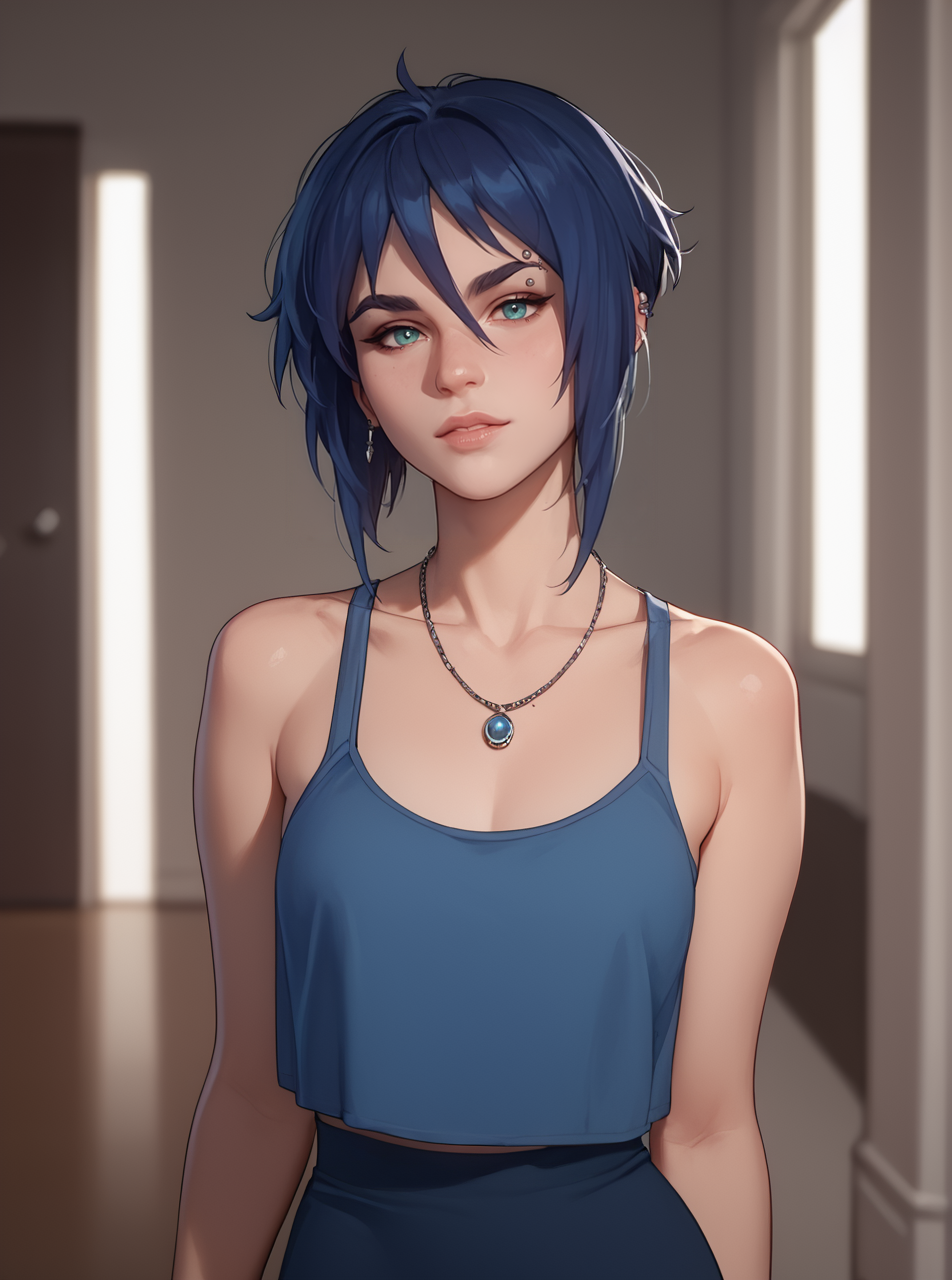 score_9, score_8_up, score_7_up, 1girl, cartoon, western animation, looking at viewer, flat colors,<lora:laurielpxl:1>, laurielpxl, piercing , blue top,