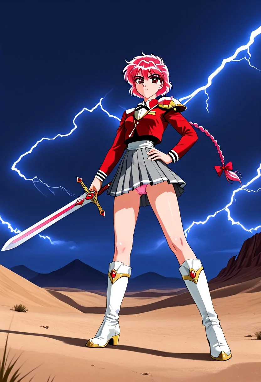 Vibrant Colors, Detailed Line Drawing, Ornate Frame, Dynamic Composition, Retro Style, 90s Style, Magic Knight Rayearth, Clamp Style, Solo, [hikaru shidou] 1 Girl, Pretty Face, Short Hair, Red Hair, Pink Highlights, 1 Braid, Very Long Braid, Simple Braid, Red Eyes, Slender Body, Medium Breasts, (Gray Skirt, Pleated Skirt, Red Blazer, Long Sleeves, Sword (Long Sword, Ruby Hilt), Boots, Knee-High Boots, Breastplate, Shoulder Pads, White Armor, Sapphire Details), Wielding Sword, Standing, Full Body, Confident Pose, Serious Countenance, From Below, Panty Shot, Camel Toe, Pink Panties, Desert Background, Night, Lightning Light, Purple Clouds, Purple Thunder, Wind