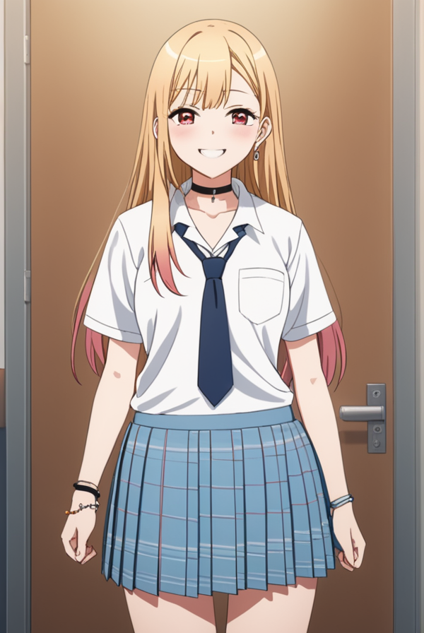 masterpiece, best quality, highres, 4k, 8k, intricate detail, cinematic lighting, amazing quality, amazing shading, soft lighting, Detailed Illustration, anime style,
marinkitagawa, <lora:marin-kitagawa-s1-sdxl-lora-nochekaiser:0.75>,
marin kitagawa, long hair, bangs, blonde hair, red eyes, multicolored hair, pink hair, smile,
skirt, shirt, jewelry, school uniform, white shirt, pleated skirt, earrings, necktie, choker, bracelet, blue skirt, plaid, black choker, plaid skirt, loafers, mini skirt, shoes,
indoors, classroom,
looking at viewer, full body,
