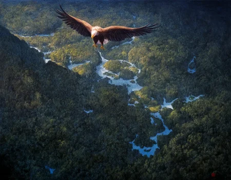 oil painting medium, cliff, valley, no humans, river, from above, eagle, shadow,masterpiece, best quality, absurdres, <lora:96_chadmix_vpred10_1a.safetensors:1.0>,