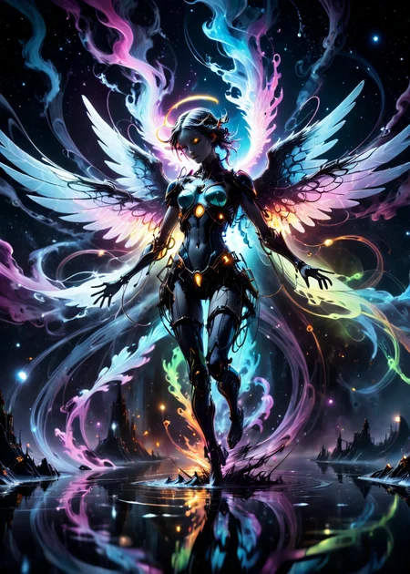 liquid distortion pale psychedelic grotesque floating techno angel in a eerie scenery at evening, dissolving into dust, highly detailed, dark Rainbow backlight glow <lora:battleaxev2:1.2>