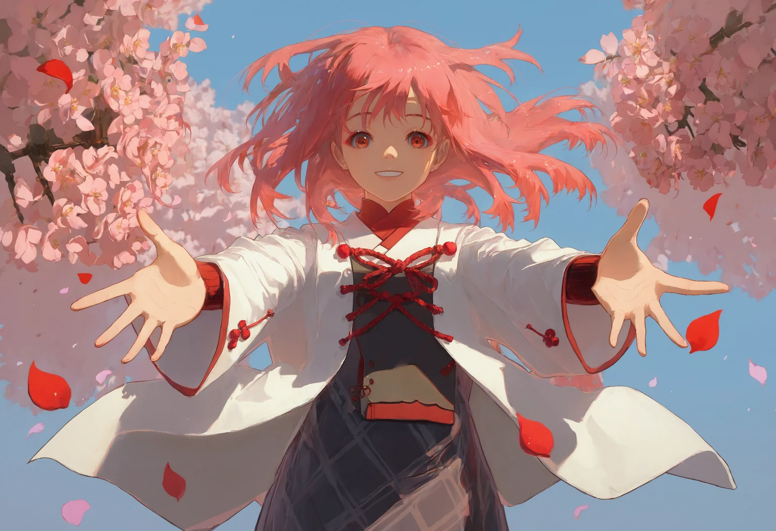 score_9, score_8_up, score_7_up, 1girl, floating hair, looking at viewer, smile, perspective, petals, cherry blossoms, outstretched arms
<lora:style_redum_pony_2:1>