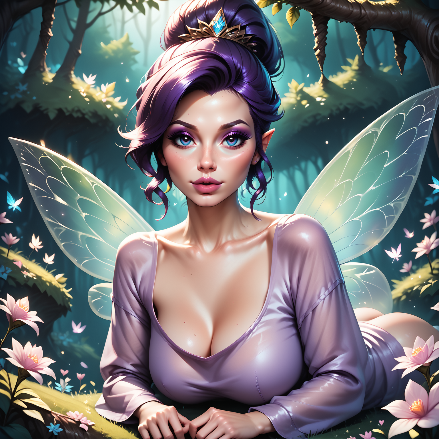 score_9, score_8_up, score_7_up, score_6_up, score_5_up, score_4_up, fairytale forest, ambient lightning, Jed-Fanfopo, flowers of all kinds, magical atmosphere, Fantasy,  ,, masterpiece, full of details, sharp , , laying,on stomach,  1 girl, fairy, wings, Jed-ovrszd,  purple oversized shirt,  black stockings, long sleeves, <lora:FantasyForestPONY_epoch_6:0.6>,<lora:Oversized_epoch_3:0.7>