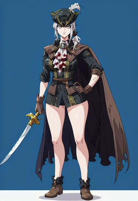 score_9, score_8_up, score_7_up, score_6_up, simple background, character sheet, looking at viewer, full body, 1girl, solo, character sheet, reference sheet, screencap ,MirandaPXL,1girl, solo, lady maria, white hair, grey eyes, tricorne, gloves, hat feather, ascot, ponytail, cape, gloomy, dim, blood, kuudere, cute, indoors, big breasts, seductive, thighs, legs, wide hips, one hand in hip, one hand with a sharper sword