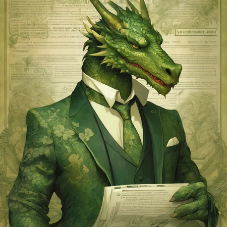 anthropomorphic art of a businessman dragon, green dragon, portrait, victorian inspired clothing by artgerm, victo ngai, ryohei hase, artstation. fractal papers, newspaper. stock certificate, highly detailed digital painting, smooth, global illumination, fantasy art by greg rutkowsky, karl spitzweg, jc leyendecker
