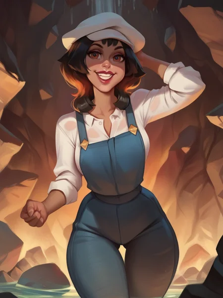 score_9, score_8_up, score_7_up, 1girl, leaning forward, cute pose, cavern, rocks, water, detailed background, detailed background, smile, looking at viewer, smile, cowboy shot, (dynamic pose:1.1), dynamic angle, from below,
<lora:AudreyRocio_character:0.85>, AudreyXLP, black hair, short hair, hat, blue overalls, white shirt, lipstick, dark skin, cartoon, <lora:Bonifasco_PonyXL_v1:0.7>