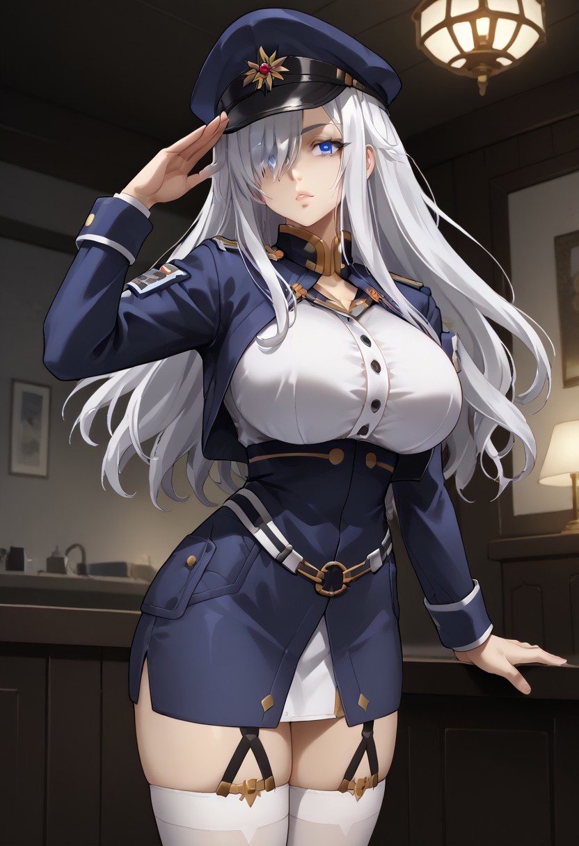 score_9, score_8_up, score_7_up, 1girl, sylwia krzasinska, source_anime, solo, anime screencap, anime coloring, zPDXLxxx, Expressiveh, white hair, wavy hair, long hair, blue eyes, hair over one eye, one eye covered by hair, perfect lips, vibrant eye color, expressive eyes, ultra-feminine, ultra-detailed face, ultra-detailed skin, lustrous ultra-detailed hair, (extreme hourglass figure: 1.5), ultra-slim proportions, (feminine muscles: 1.1), (long breasts, perfectly round breasts, huge breasts: 1.5), ultra-narrow waist, ultra-flared hips:, perfectly round ass, (ultra-jutting ass, shapely ass: 1.2), perfect butt crack, thin tighs, ultra-fit figure, long legs, bursting breasts, ultra-jutting breasts, ultra-pointy breasts,  blue headwear, blue jacket, blue skirt, hat, jacket, military, military hat, military uniform, peaked cap, shirt, skirt, thighhighs, uniform, white shirt, white thighhighs, indoors, detailed background, military base, sci-fi base, steel grey walls, alert lights, staring at viewer, bending over, leaning forward, saluting, military salute, sexually suggestive