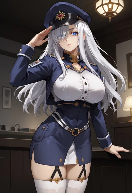 score_9, score_8_up, score_7_up, 1girl, sylwia krzasinska, source_anime, solo, anime screencap, anime coloring, zPDXLxxx, Expressiveh, white hair, wavy hair, long hair, blue eyes, hair over one eye, one eye covered by hair, perfect lips, vibrant eye color, expressive eyes, ultra-feminine, ultra-detailed face, ultra-detailed skin, lustrous ultra-detailed hair, (extreme hourglass figure: 1.5), ultra-slim proportions, (feminine muscles: 1.1), (long breasts, perfectly round breasts, huge breasts: 1.5), ultra-narrow waist, ultra-flared hips:, perfectly round ass, (ultra-jutting ass, shapely ass: 1.2), perfect butt crack, thin tighs, ultra-fit figure, long legs, bursting breasts, ultra-jutting breasts, ultra-pointy breasts,  blue headwear, blue jacket, blue skirt, hat, jacket, military, military hat, military uniform, peaked cap, shirt, skirt, thighhighs, uniform, white shirt, white thighhighs, indoors, detailed background, military base, sci-fi base, steel grey walls, alert lights, staring at viewer, bending over, leaning forward, saluting, military salute, sexually suggestive