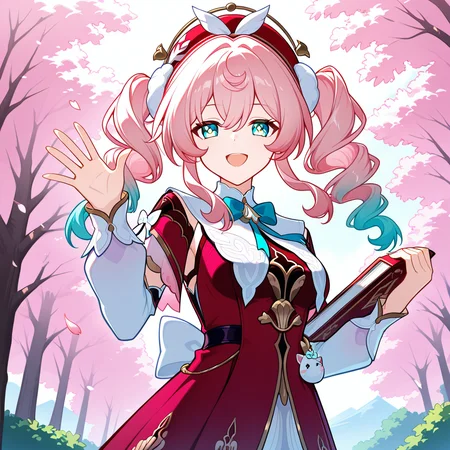 hyacine (honkai: star rail), 1girl, solo, pink hair, dress, holding, cherry blossoms, open mouth, book, smile, hat, outdoors, drill hair, twintails, long hair, looking at viewer, holding book, waving, long sleeves, bow, hair between eyes, twin drills, blue eyes, bowtie, multicolored hair, :d, red dress, red headwear, detached sleeves, white sleeves, short sleeves, masterpiece, best quality, amazing quality, very aesthetic, absurdres, newest, (scenery, volumetric lighting)