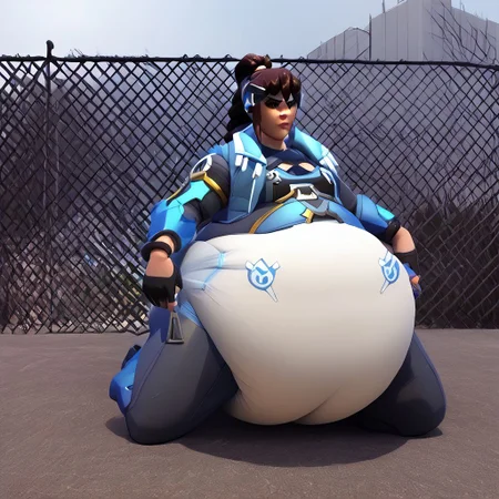 widowmaker, overwatch, amelie lacroix, captain lacroix, braided ponytail, fat, female, diaper, puffy diaper, big diaper, waddle, huge diaper, chubby, onesie, massive diaper, confident, skintight bodysuit, anime, anime artsyle, weight gain, fat legs, rooftop,