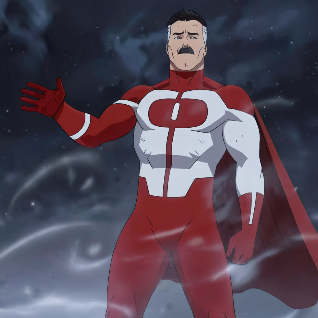 cinematic film still of  <lora:Invincible (TV series):0.4>
 <lora:detailed:0.4> detailed
 <lora:perfection style:0.4> perfect
 <lora:PerfectEyesXL:0.3>
 <lora:Omni-Man v2:0.9> red white outfit
Omni-Man a cartoon character in a red and white outfit,anti-hero,antihero,omniman,clapping his hands in front of camera,ultrasonic dust waves in front of camera,solo,black hair,gloves,1boy,male focus,boots,cape,white footwear, shallow depth of field, vignette, highly detailed, high budget, bokeh, cinemascope, moody, epic, gorgeous, film grain, grainy
